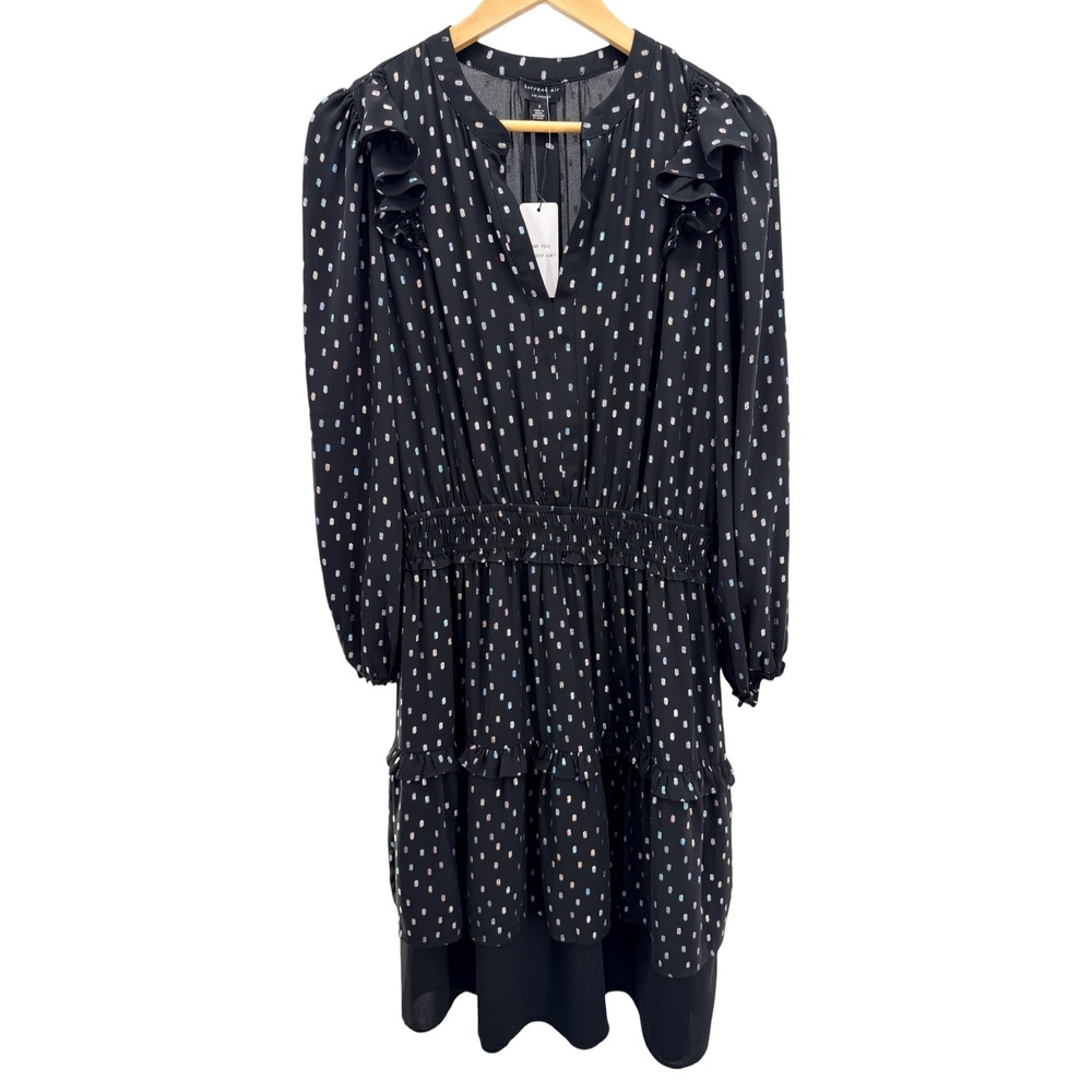 Current Air Metallic Clip Dot Ruffle Mini Dress S Black Smocked New Cocktail
